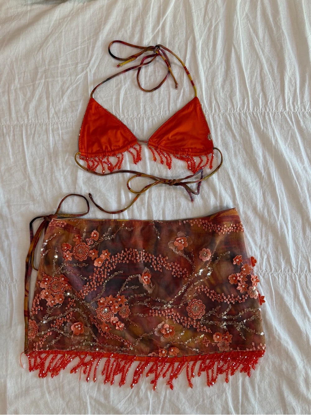 Jaded London Melona Embellished Bikini & Wrap Mini Skirt In Tangerine - Picture 4 of 5